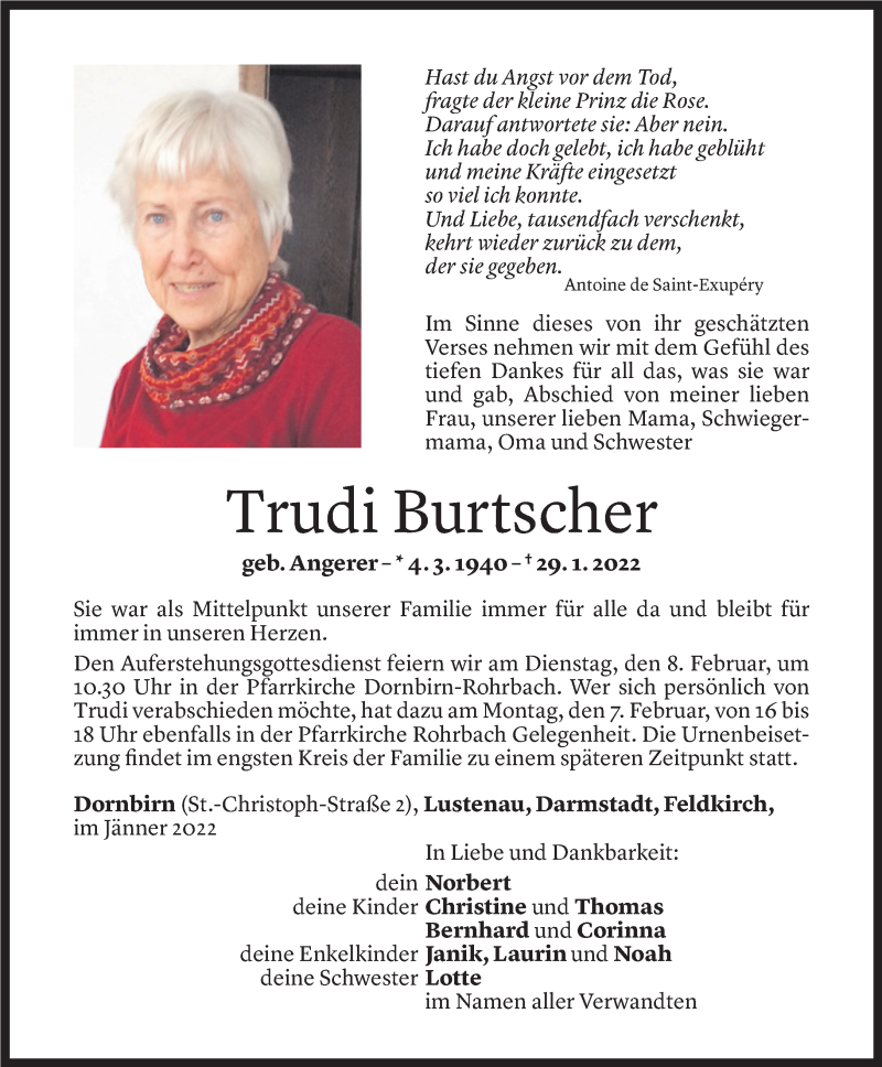  Todesanzeige für Trudi Burtscher vom 03.02.2022 aus Vorarlberger Nachrichten