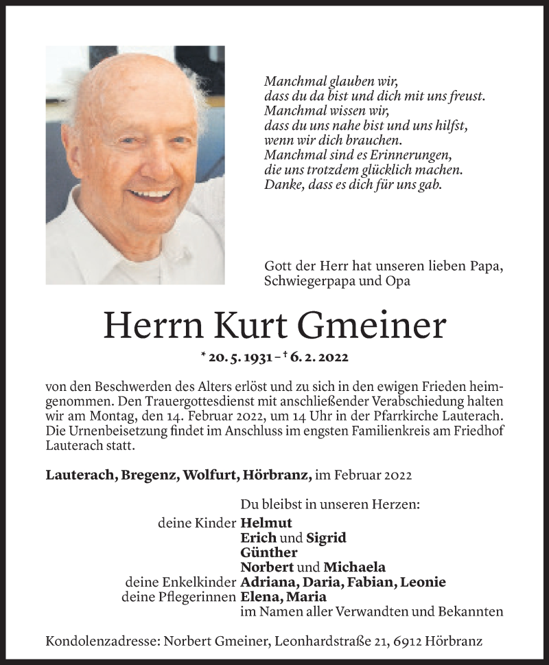  Todesanzeige für Kurt Gmeiner vom 11.02.2022 aus Vorarlberger Nachrichten