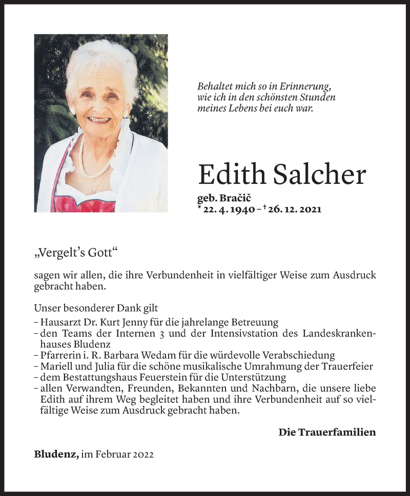  Todesanzeige für Edith Salcher vom 05.02.2022 aus Vorarlberger Nachrichten