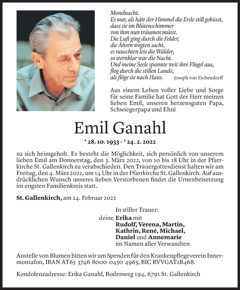  Todesanzeige für Emil Ganahl vom 27.02.2022 aus Vorarlberger Nachrichten