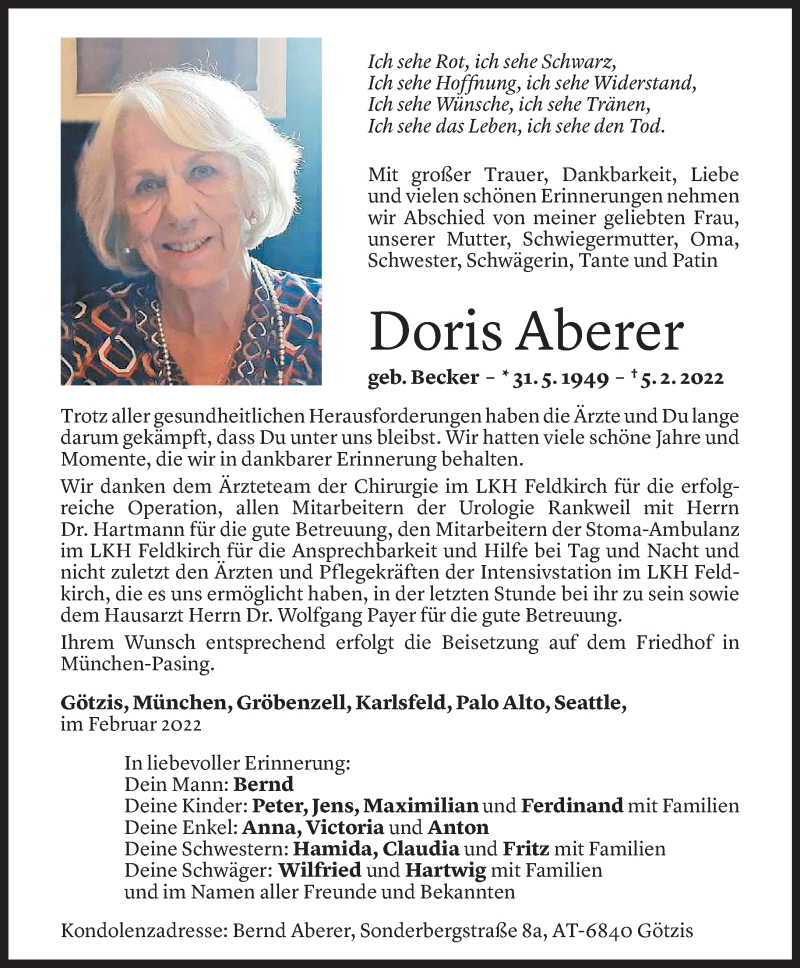  Todesanzeige für Doris Aberer vom 12.02.2022 aus Vorarlberger Nachrichten