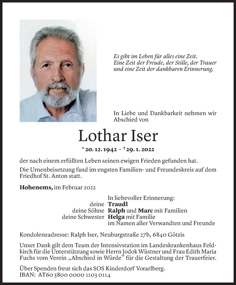  Todesanzeige für Lothar Iser vom 23.02.2022 aus Vorarlberger Nachrichten