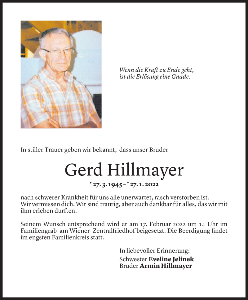  Todesanzeige für Gerd Hillmayer vom 04.02.2022 aus Vorarlberger Nachrichten