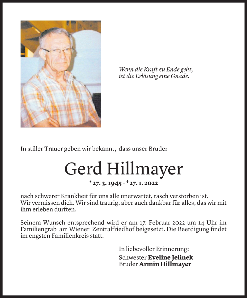 Todesanzeigen von Gerd Hillmayer | Todesanzeigen Vorarlberger Nachrichten