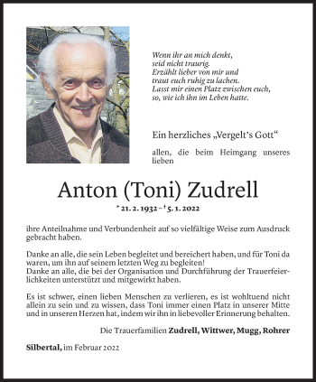 Todesanzeige von Anton Zudrell von Vorarlberger Nachrichten