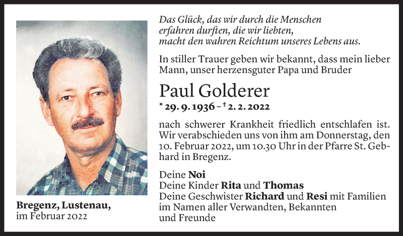  Todesanzeige für Paul Golderer vom 04.02.2022 aus Vorarlberger Nachrichten