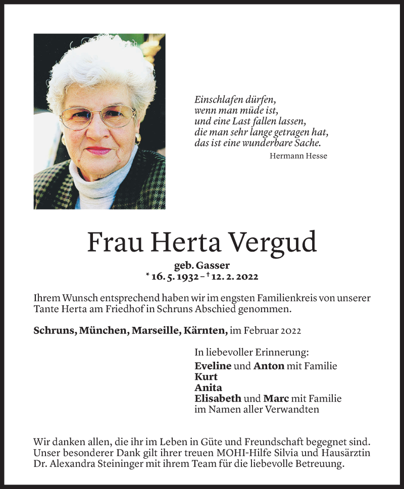  Todesanzeige für Herta Vergud vom 18.02.2022 aus Vorarlberger Nachrichten