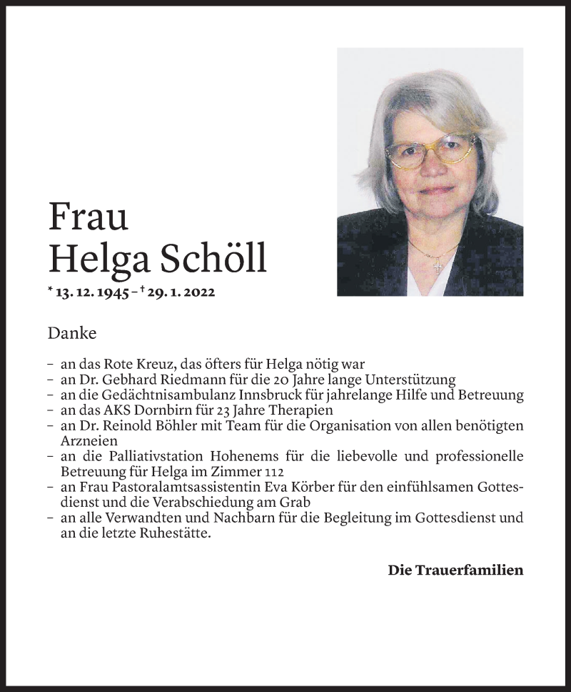  Todesanzeige für Helga Schöll vom 18.02.2022 aus Vorarlberger Nachrichten