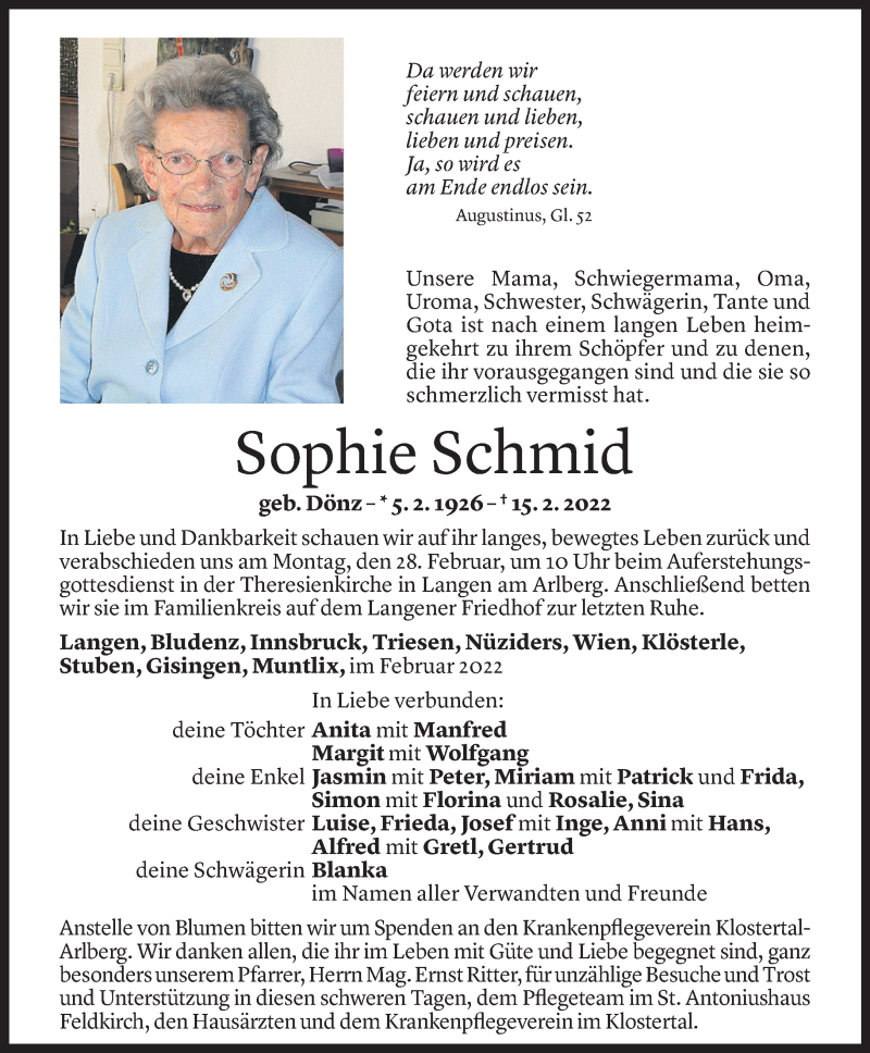  Todesanzeige für Sophie Schmid vom 25.02.2022 aus Vorarlberger Nachrichten