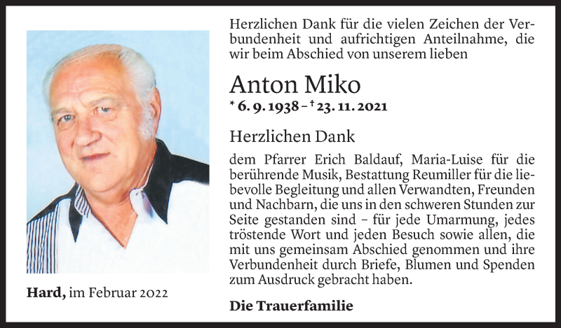  Todesanzeige für Anton Miko vom 04.02.2022 aus Vorarlberger Nachrichten