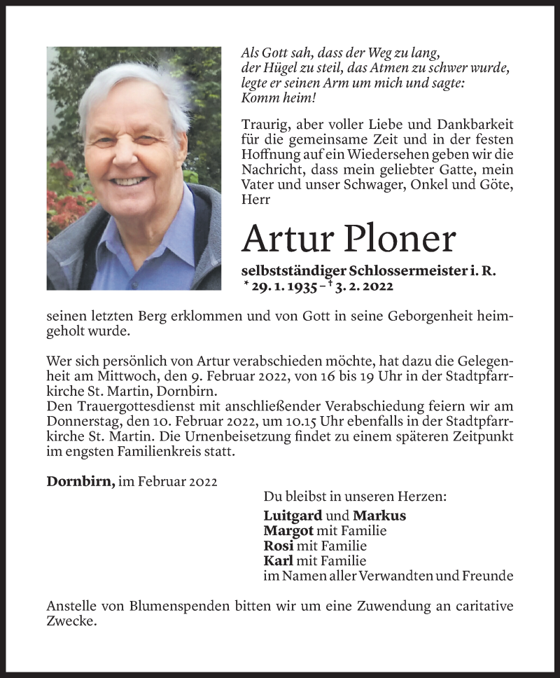  Todesanzeige für Artur Ploner vom 04.02.2022 aus Vorarlberger Nachrichten