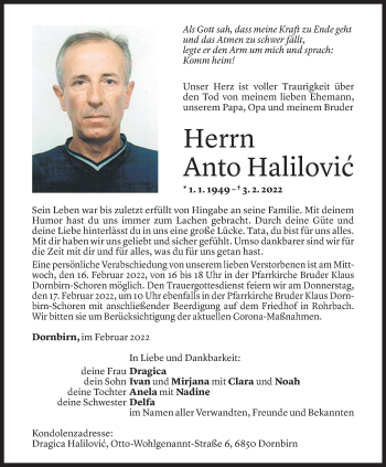 Todesanzeige von Anto Halilovic von Vorarlberger Nachrichten