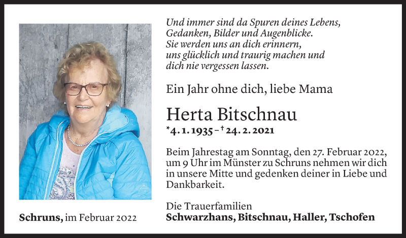  Todesanzeige für Herta Bitschnau vom 25.02.2022 aus Vorarlberger Nachrichten