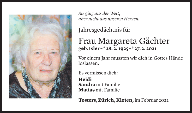 Todesanzeige für Margareta Gächter vom 25.02.2022 aus Vorarlberger Nachrichten