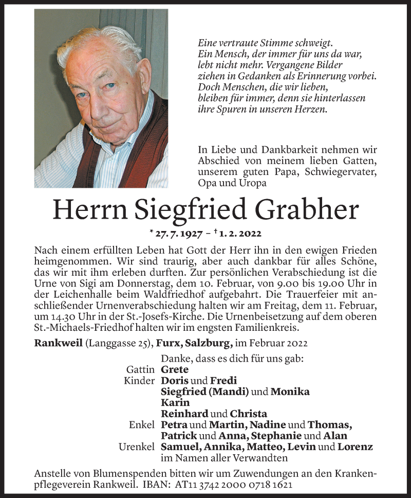  Todesanzeige für Siegfried Grabher vom 07.02.2022 aus Vorarlberger Nachrichten