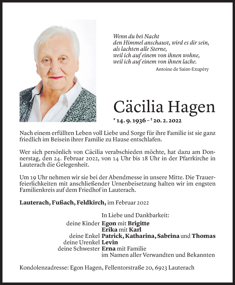  Todesanzeige für Cäcilia Hagen vom 22.02.2022 aus Vorarlberger Nachrichten