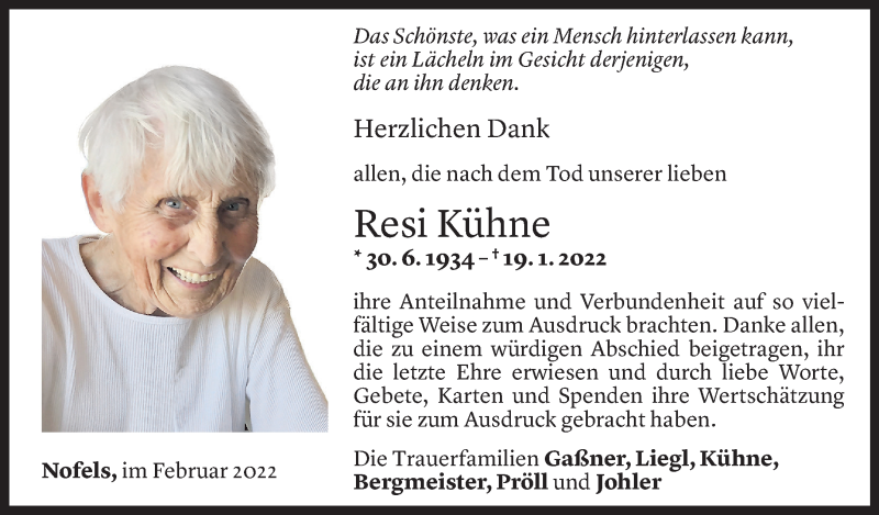  Todesanzeige für Theresia Kühne vom 26.02.2022 aus Vorarlberger Nachrichten