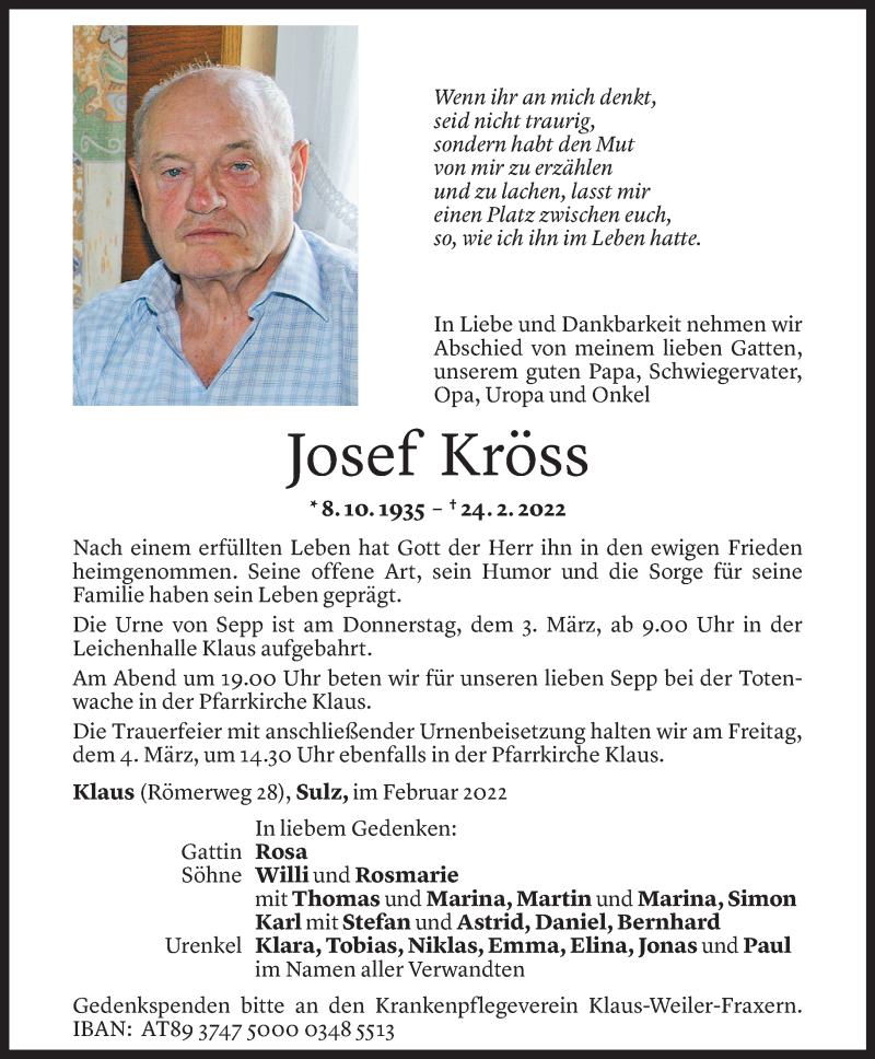  Todesanzeige für Josef Kröss vom 28.02.2022 aus Vorarlberger Nachrichten