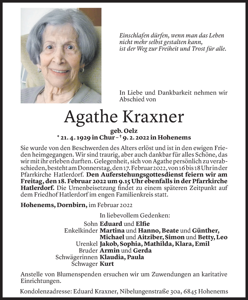 Todesanzeige für Agathe Kraxner vom 14.02.2022 aus Vorarlberger Nachrichten