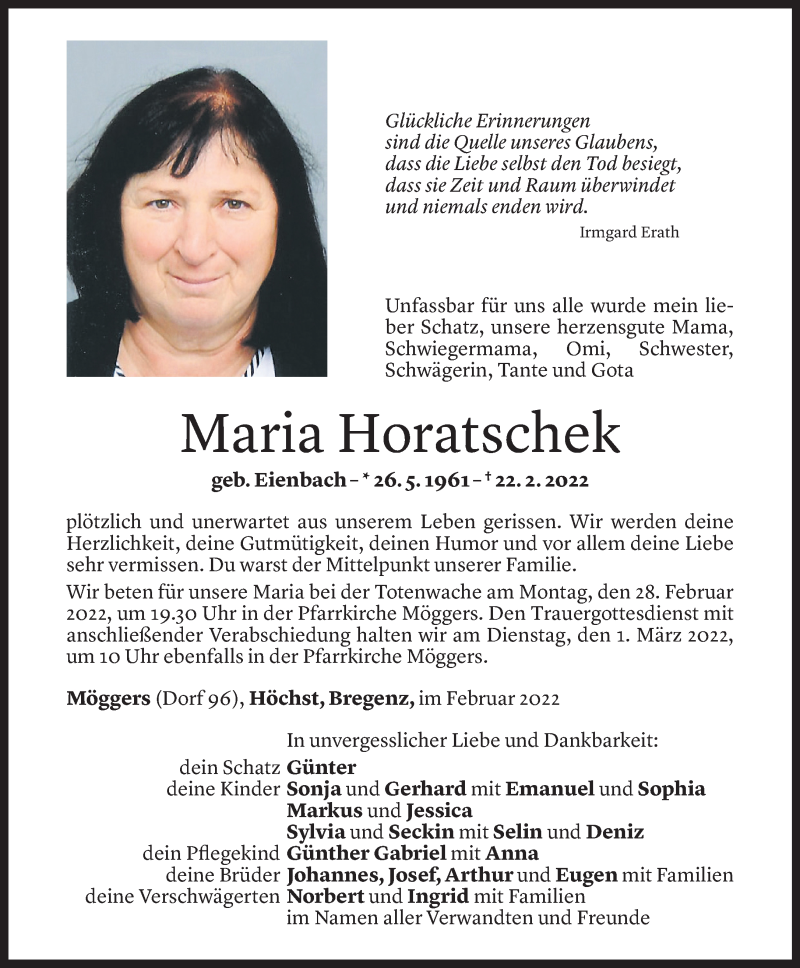  Todesanzeige für Maria Horatschek vom 24.02.2022 aus Vorarlberger Nachrichten