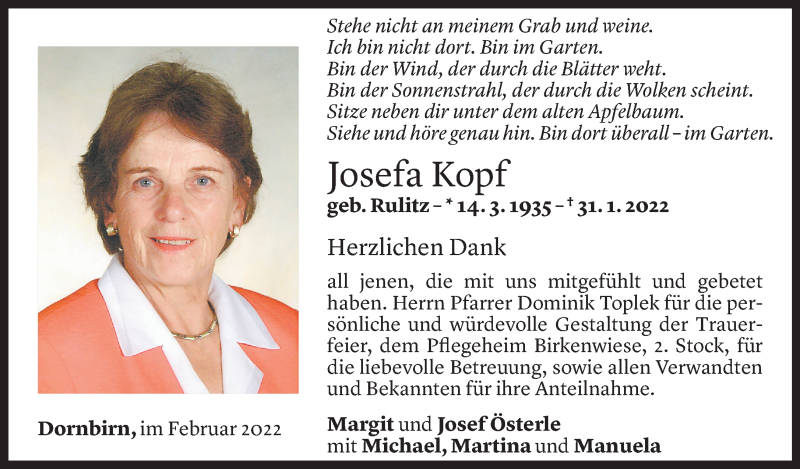  Todesanzeige für Josefa Kopf vom 24.02.2022 aus Vorarlberger Nachrichten