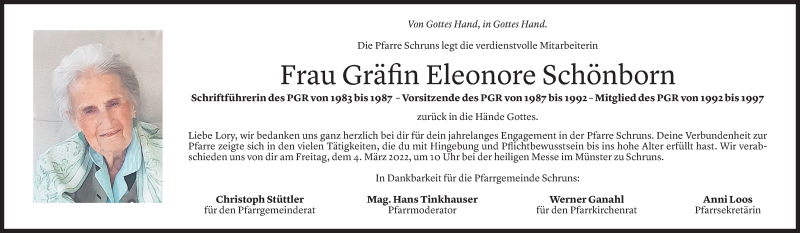  Todesanzeige für Eleonore Schönborn vom 28.02.2022 aus vorarlberger nachrichten