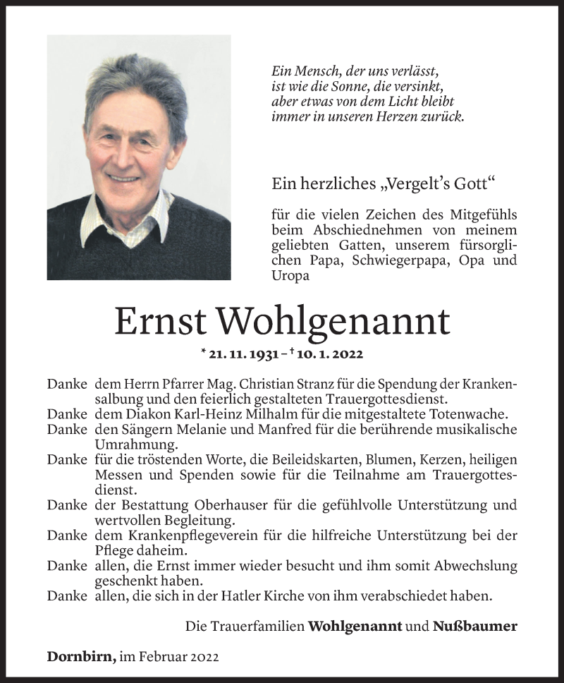  Todesanzeige für Ernst Wohlgenannt vom 04.02.2022 aus Vorarlberger Nachrichten