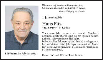 Todesanzeige von Hans Fitz von Vorarlberger Nachrichten