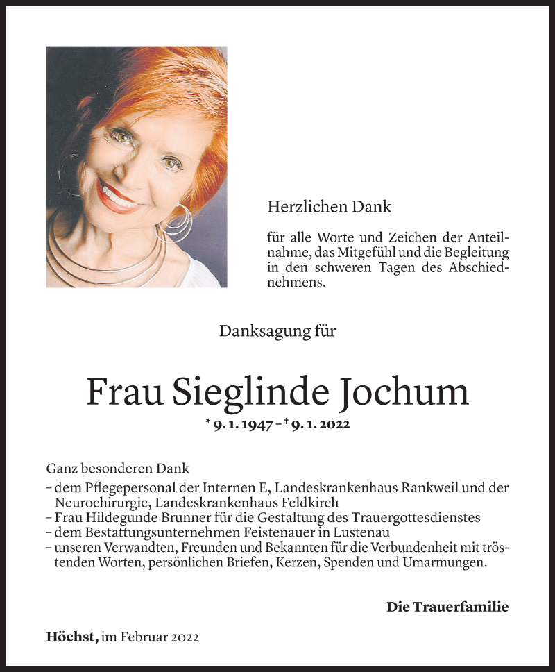  Todesanzeige für Sieglinde Jochum vom 11.02.2022 aus Vorarlberger Nachrichten