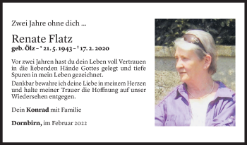 Todesanzeige von Renate Flatz von Vorarlberger Nachrichten