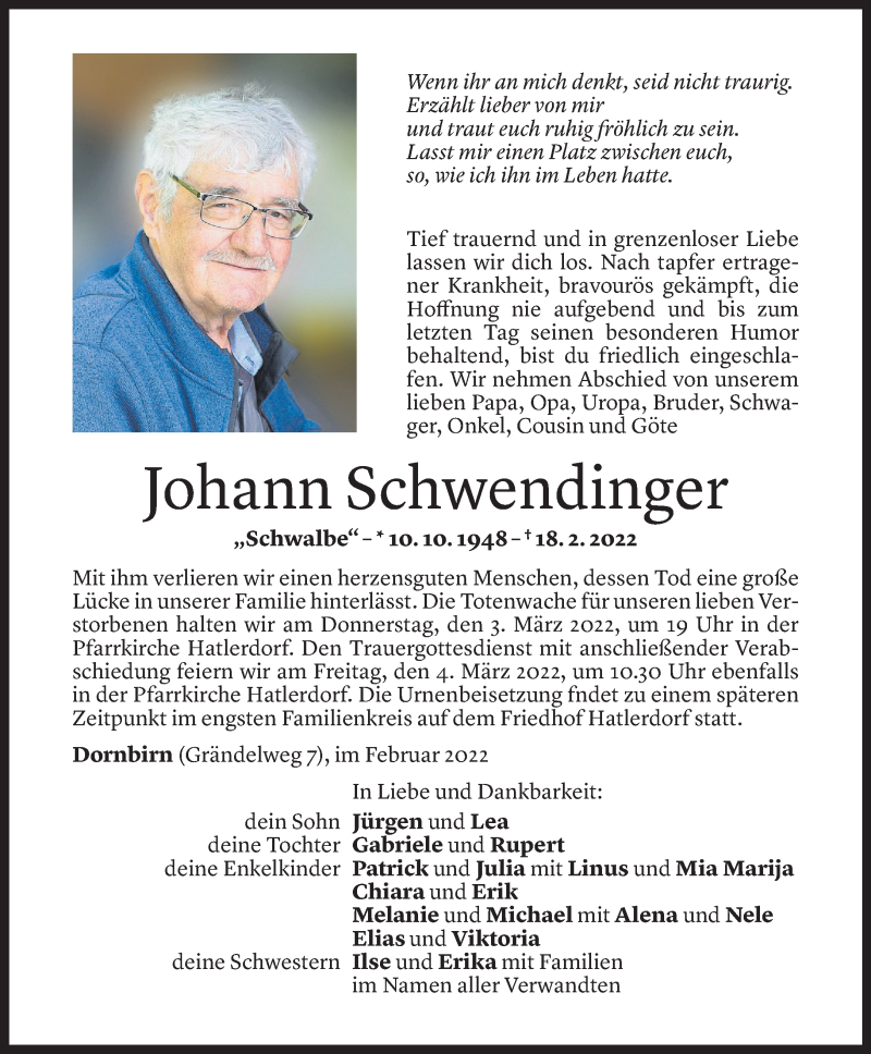  Todesanzeige für Johann Schwendinger vom 28.02.2022 aus Vorarlberger Nachrichten