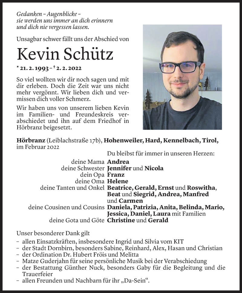  Todesanzeige für Kevin Schütz vom 26.02.2022 aus Vorarlberger Nachrichten