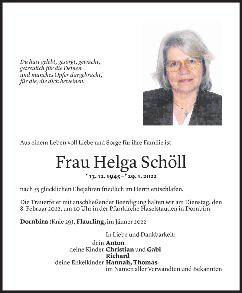  Todesanzeige für Helga Schöll vom 04.02.2022 aus Vorarlberger Nachrichten
