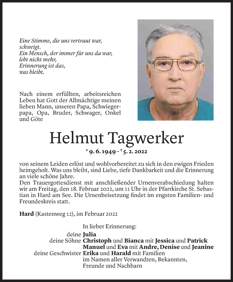  Todesanzeige für Helmut Tagwerker vom 08.02.2022 aus Vorarlberger Nachrichten