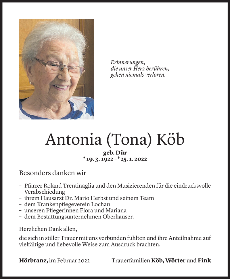  Todesanzeige für Antonia Köb vom 24.02.2022 aus Vorarlberger Nachrichten