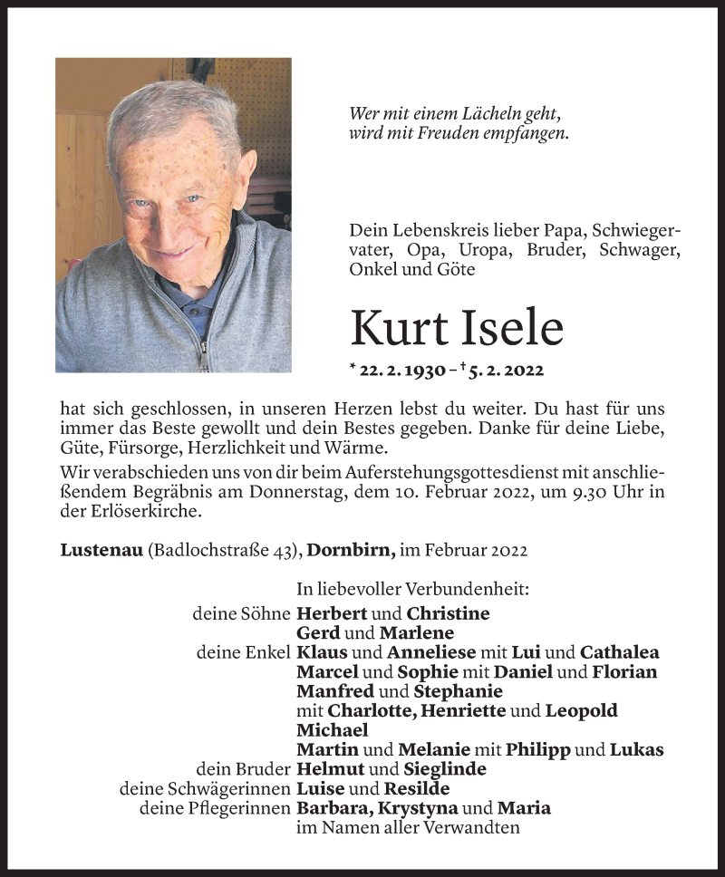  Todesanzeige für Kurt Isele vom 07.02.2022 aus Vorarlberger Nachrichten