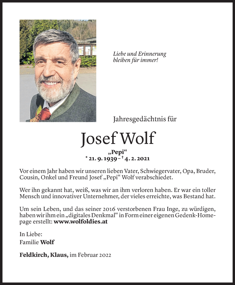  Todesanzeige für Josef Wolf vom 02.02.2022 aus Vorarlberger Nachrichten