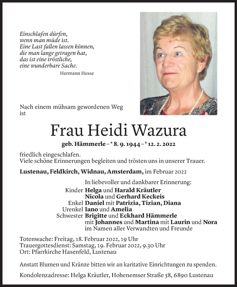  Todesanzeige für Heidi Wazura vom 15.02.2022 aus Vorarlberger Nachrichten