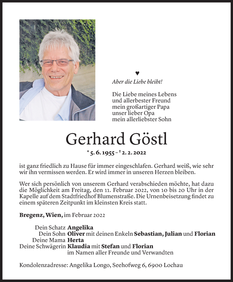  Todesanzeige für Gerhard Göstl vom 08.02.2022 aus Vorarlberger Nachrichten