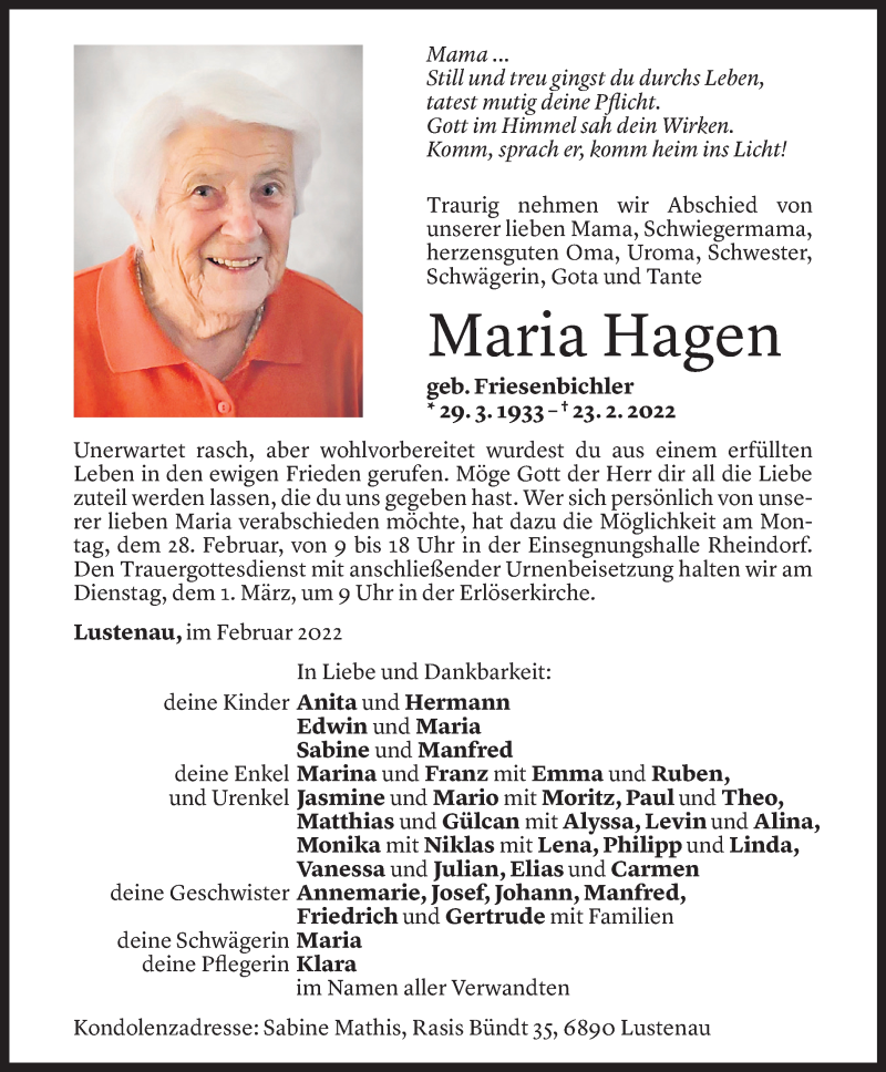  Todesanzeige für Maria Hagen vom 25.02.2022 aus Vorarlberger Nachrichten