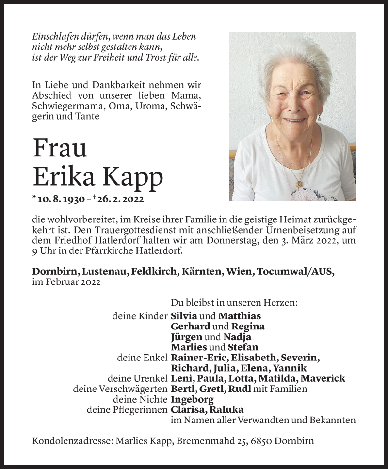 Todesanzeige für Erika Kapp vom 28.02.2022 aus Vorarlberger Nachrichten