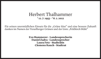 Todesanzeige von Herbert Thalhammer von Vorarlberger Nachrichten