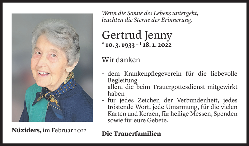  Todesanzeige für Gertrud Jenny vom 23.02.2022 aus Vorarlberger Nachrichten