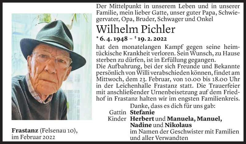  Todesanzeige für Wilhelm Pichler vom 22.02.2022 aus Vorarlberger Nachrichten