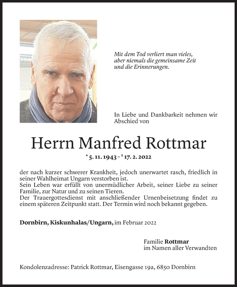  Todesanzeige für Manfred Rottmar vom 25.02.2022 aus Vorarlberger Nachrichten