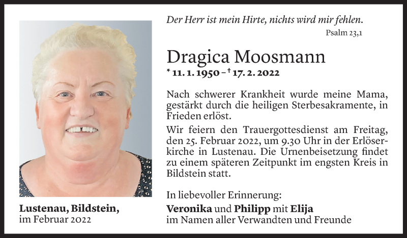  Todesanzeige für Dragica Moosmann vom 21.02.2022 aus Vorarlberger Nachrichten
