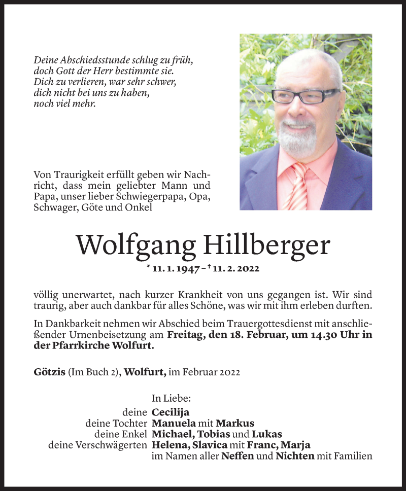  Todesanzeige für Wolfgang Hillberger vom 15.02.2022 aus Vorarlberger Nachrichten