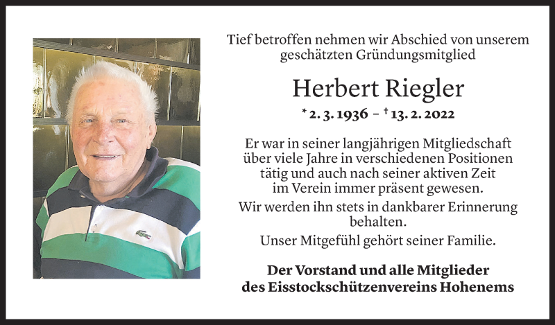  Todesanzeige für Herbert Riegler vom 17.02.2022 aus vorarlberger nachrichten