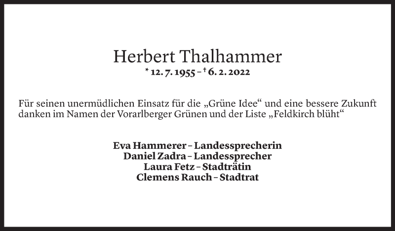  Todesanzeige für Herbert Thalhammer vom 18.02.2022 aus Vorarlberger Nachrichten