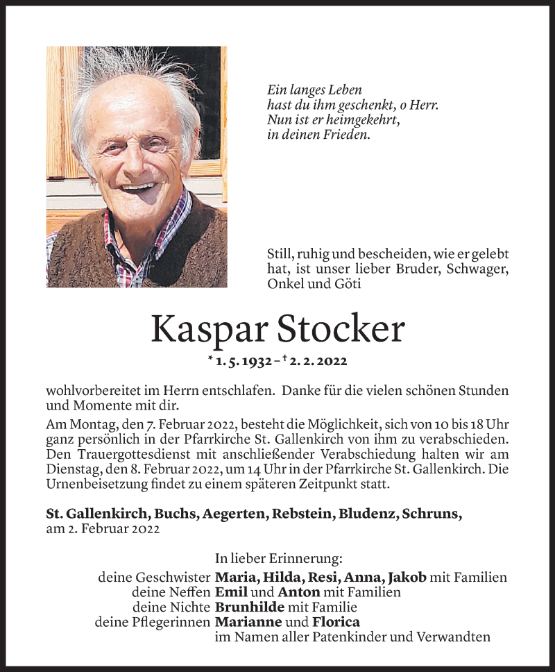  Todesanzeige für Kaspar Stocker vom 04.02.2022 aus Vorarlberger Nachrichten